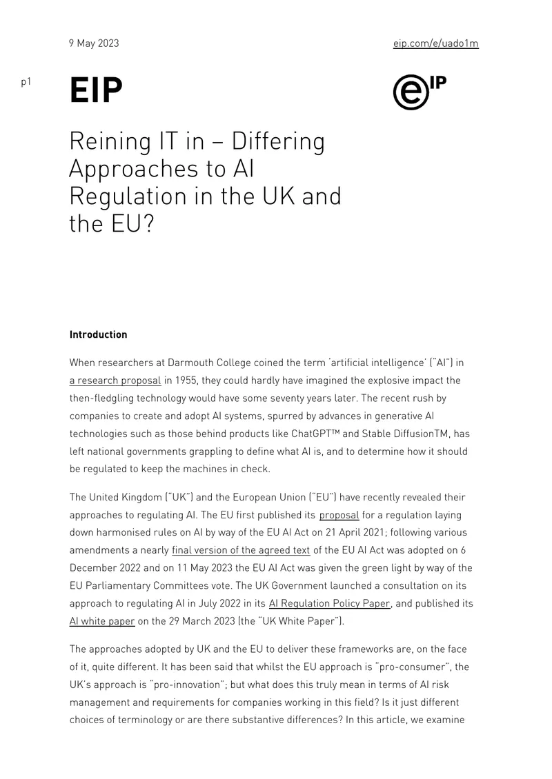 Differing Approaches to AI Regulation in the UK and EU