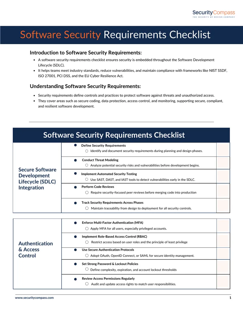 Software Security Requirements Checklist and Guidelines
