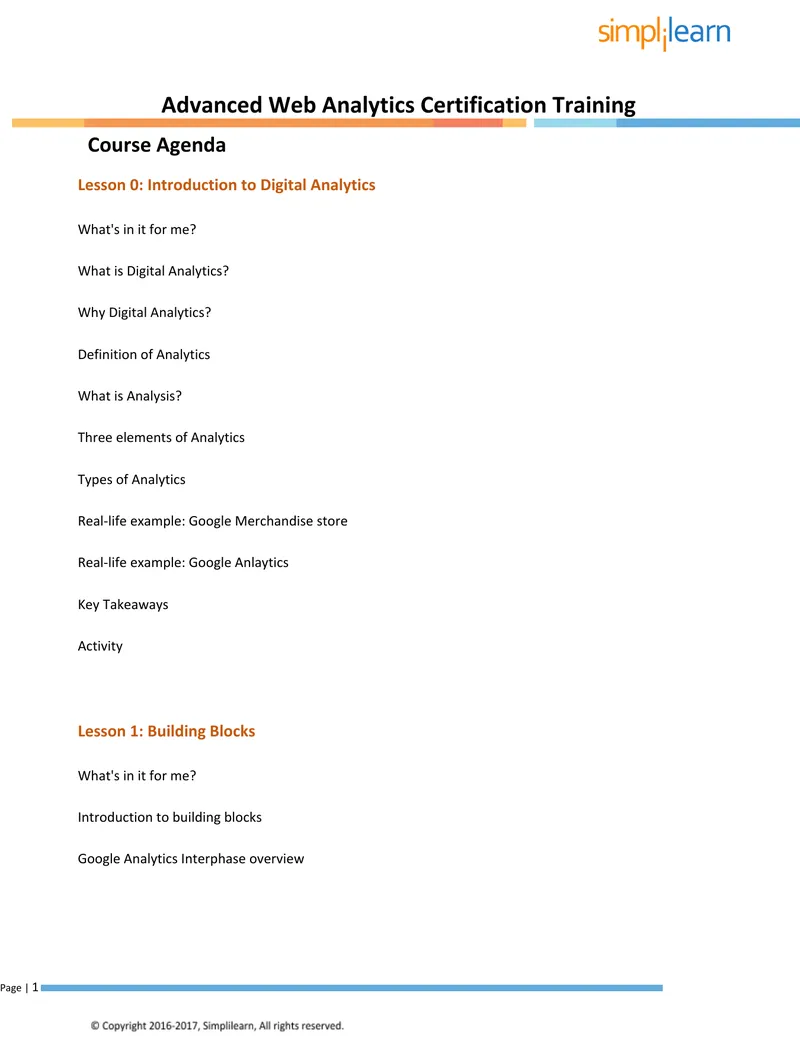 Advanced Web Analytics Certification Training Course Agenda