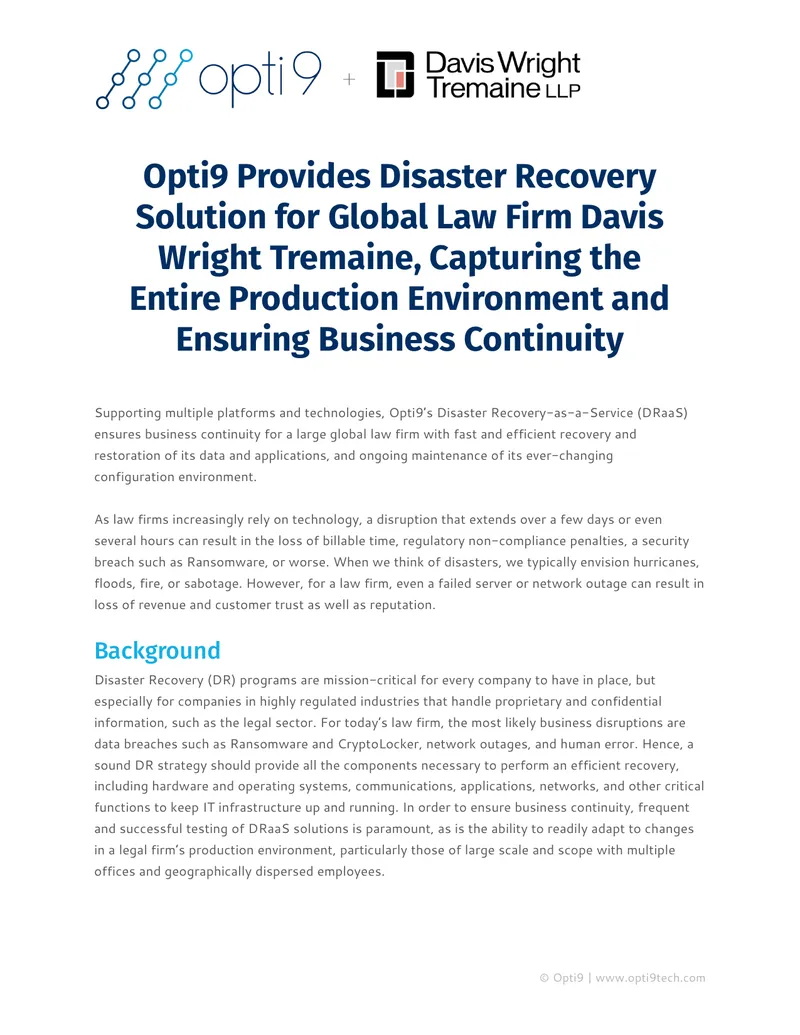 Opti9 Disaster Recovery Solution for Law Firm