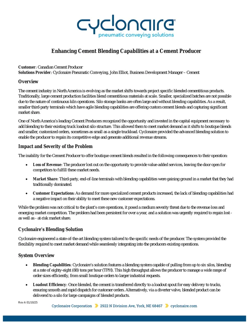 Enhancing Cement Blending Capabilities at a Cement Producer
