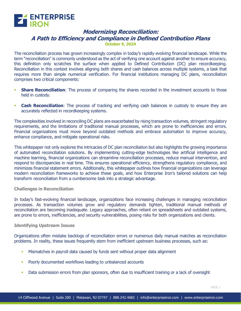 Modernizing Reconciliation in Defined Contribution Plans