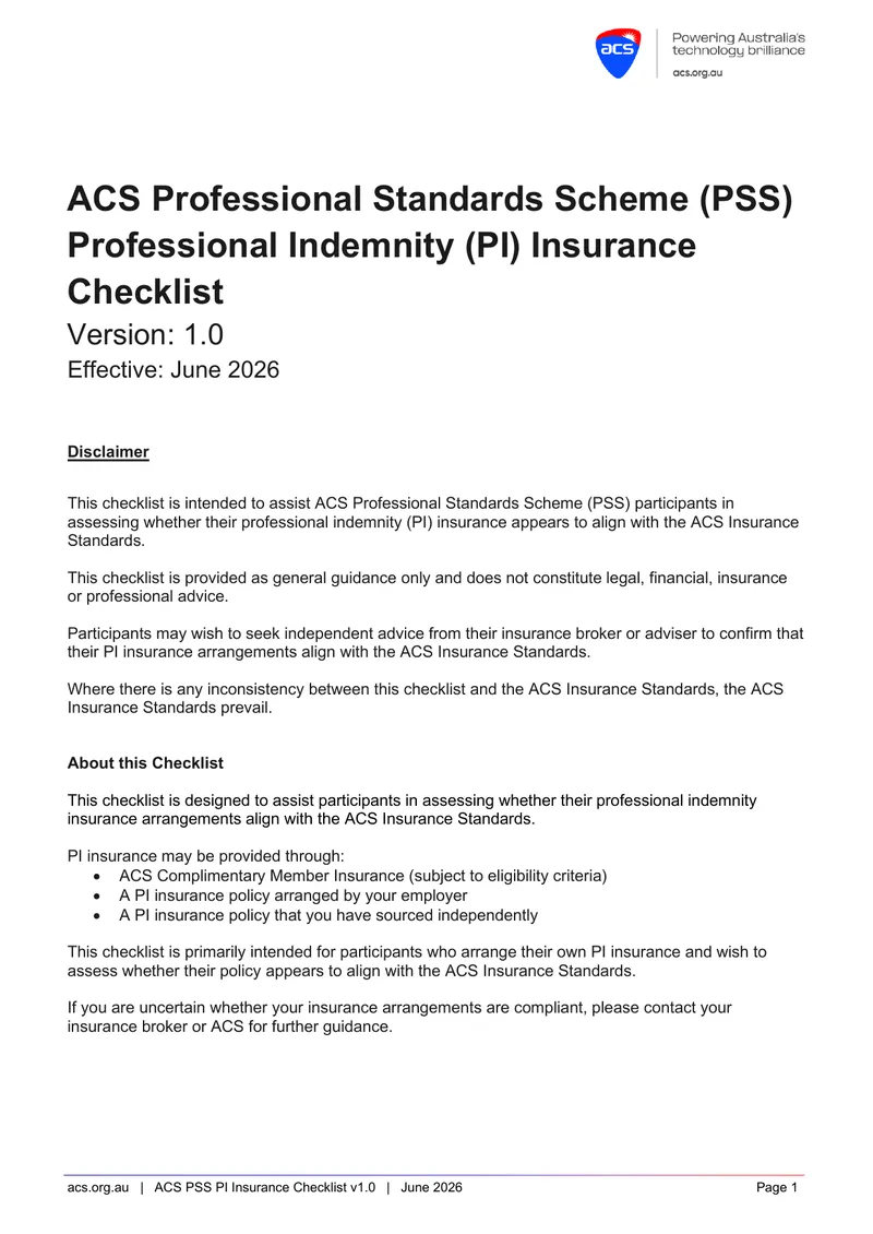 ACS Professional Standards Scheme PI Insurance Checklist