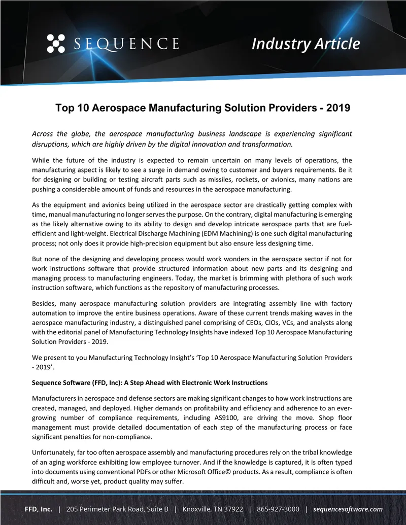 Top 10 Aerospace Manufacturing Solution Providers - 2019