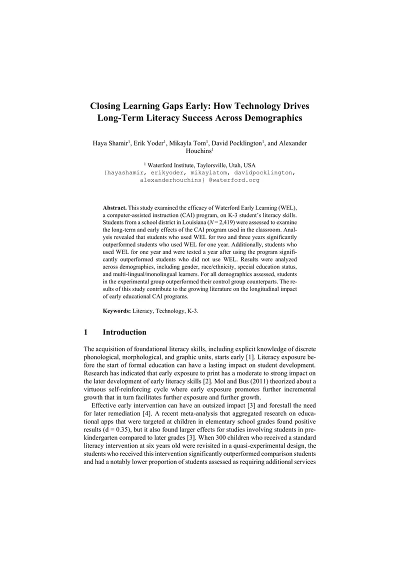Efficacy of Waterford Early Learning Program on Literacy Skills