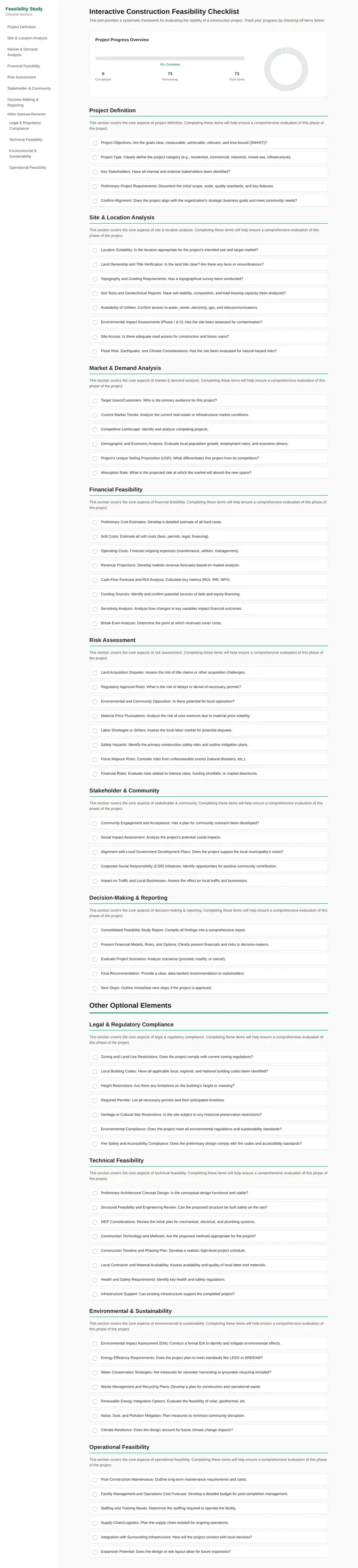 Interactive Construction Feasibility Checklist