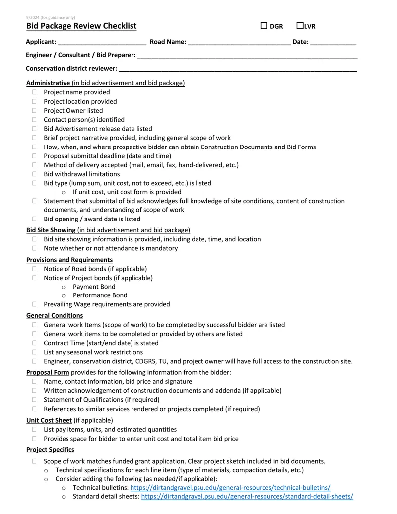 Bid Package Review Checklist for Construction Projects