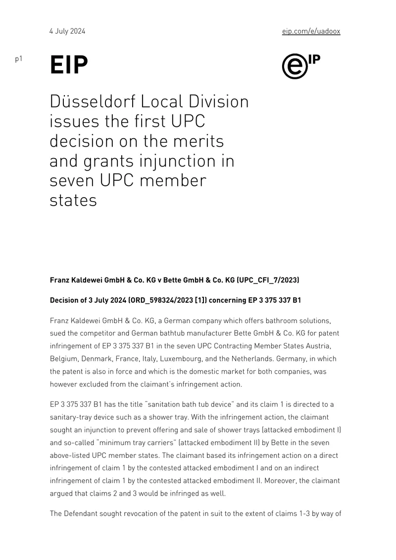 Düsseldorf Local Division UPC Decision on Patent Infringement