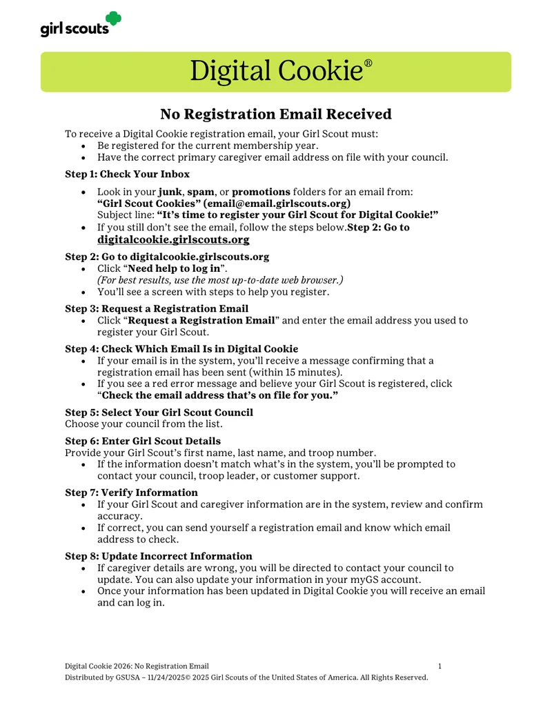 Digital Cookie Registration Email Instructions