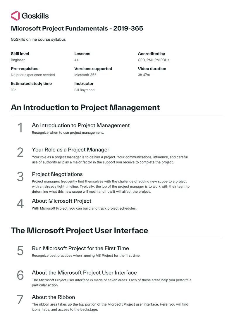Microsoft Project Fundamentals Course Syllabus