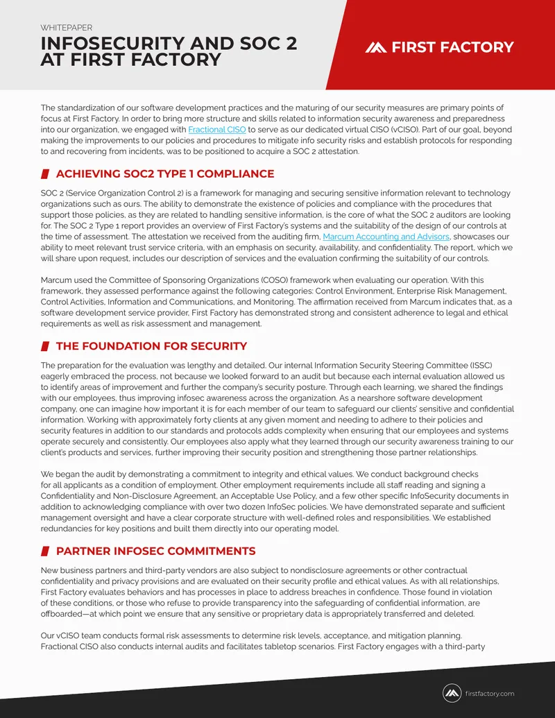 InfoSecurity Practices and SOC 2 Attestation at First Factory