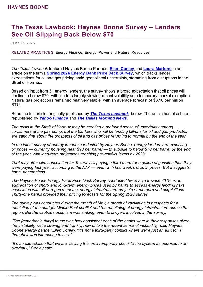 Haynes Boone Energy Bank Price Deck Survey Analysis