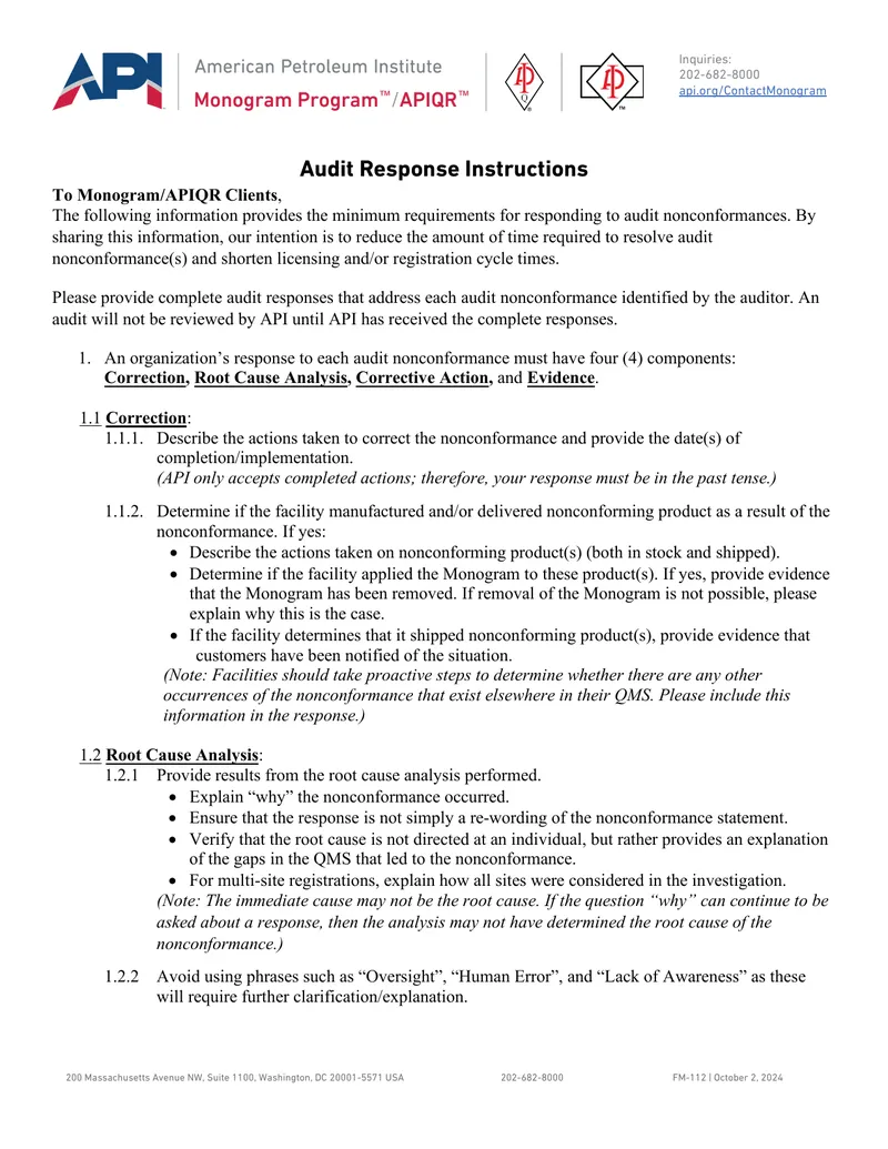 Audit Response Instructions for Monogram/APIQR Clients