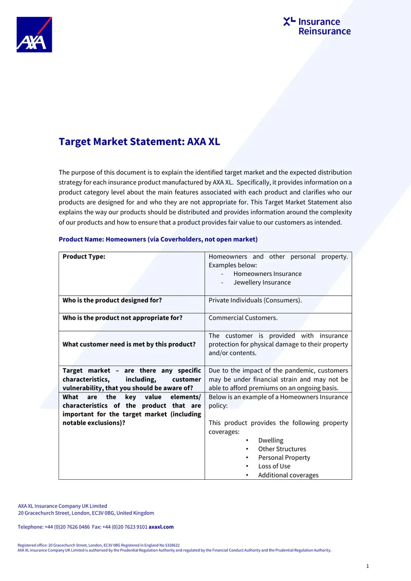 AXA XL Target Market Statement for Homeowners Insurance