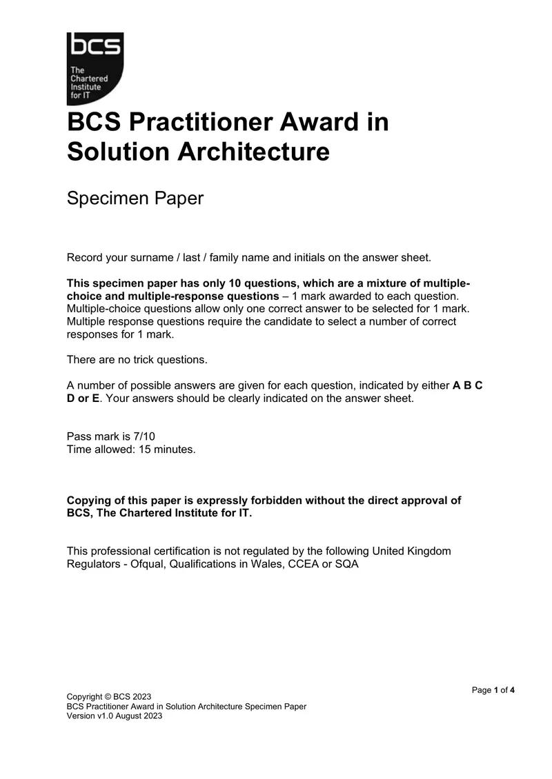 BCS Practitioner Award in Solution Architecture Specimen Paper preview page 1