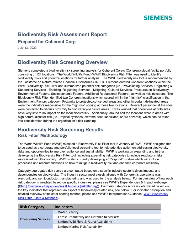 Biodiversity Risk Assessment Report for Coherent Corp