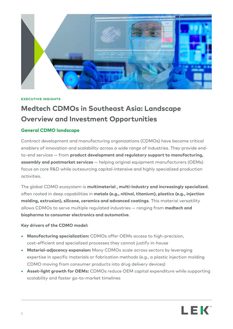 Medtech CDMOs in Southeast Asia Landscape Overview