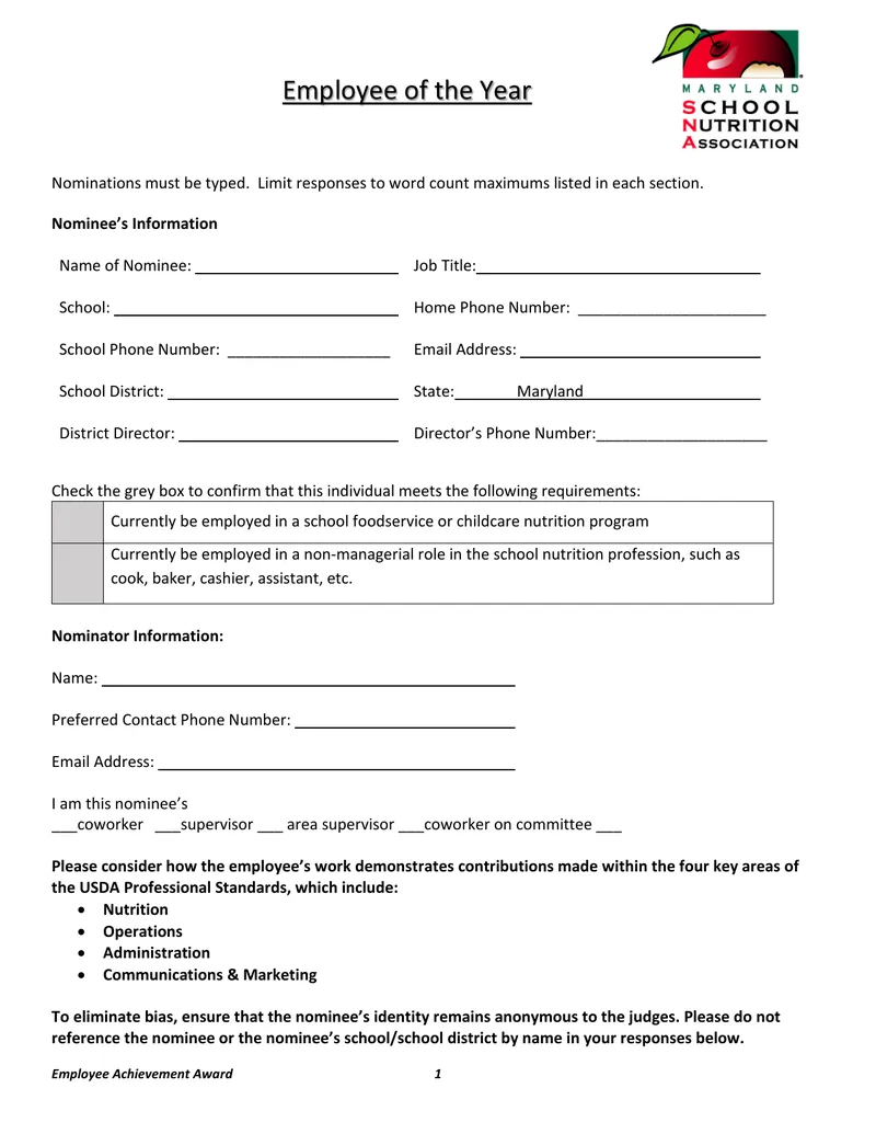 Employee Achievement Award Nomination Form