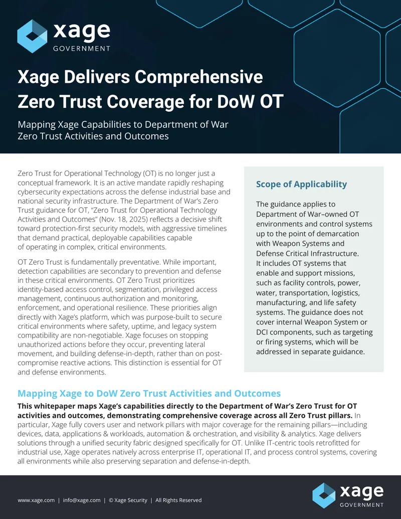 Xage Zero Trust Coverage for Operational Technology