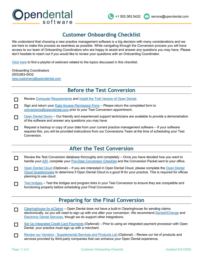 Customer Onboarding Checklist for Open Dental