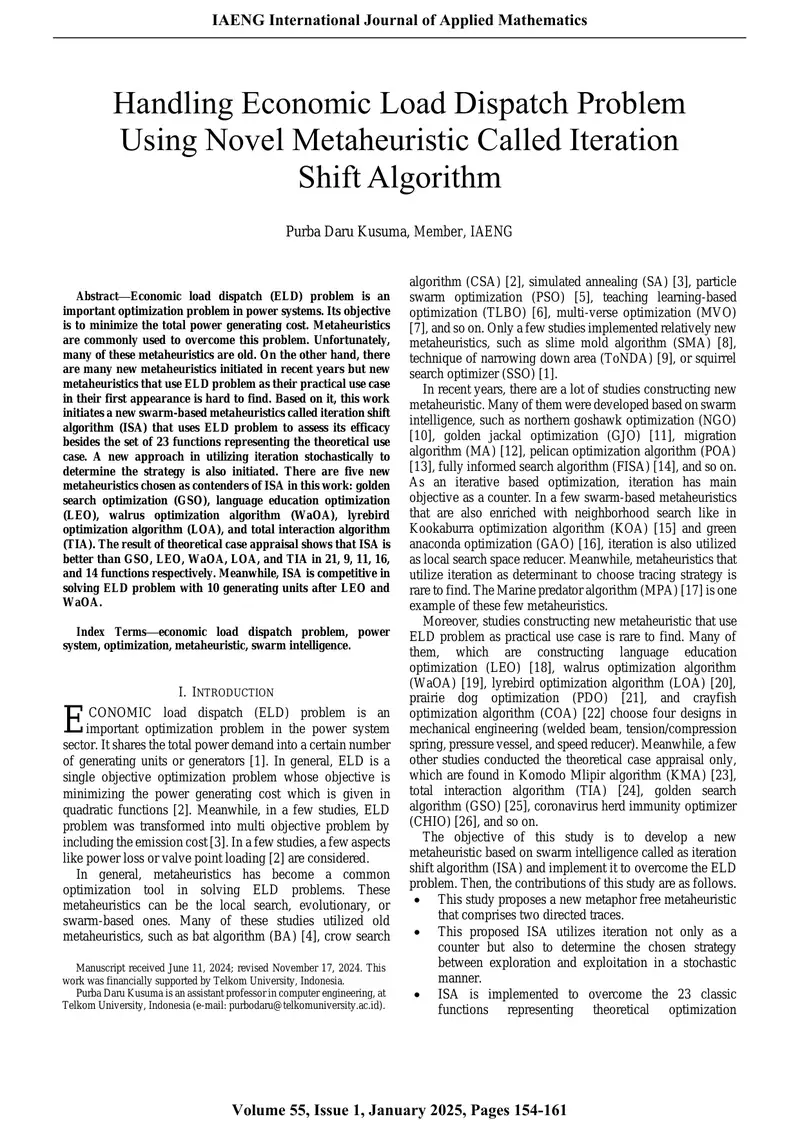 Handling Economic Load Dispatch Problem Using Novel Metaheuristic Called Iteration Shift Algorithm preview page 1