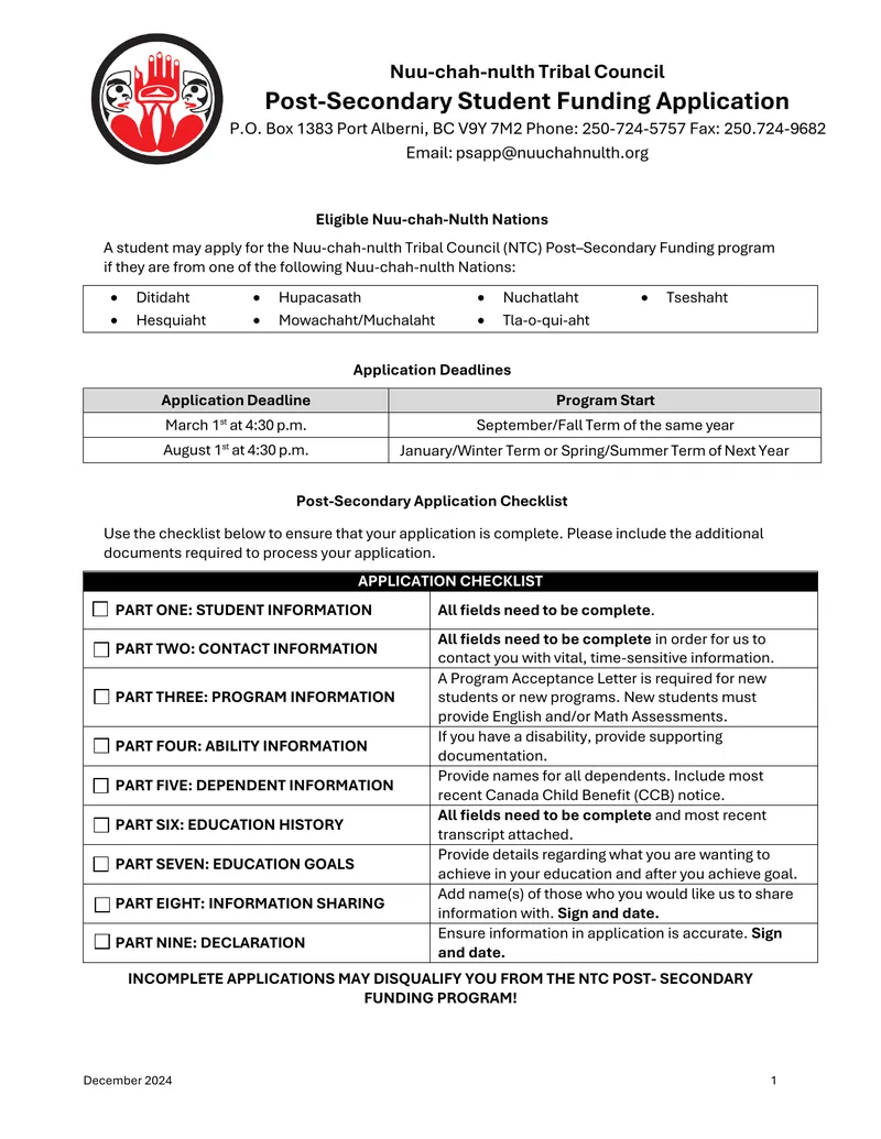 Nuu-chah-nulth Tribal Council Post-Secondary Funding Application