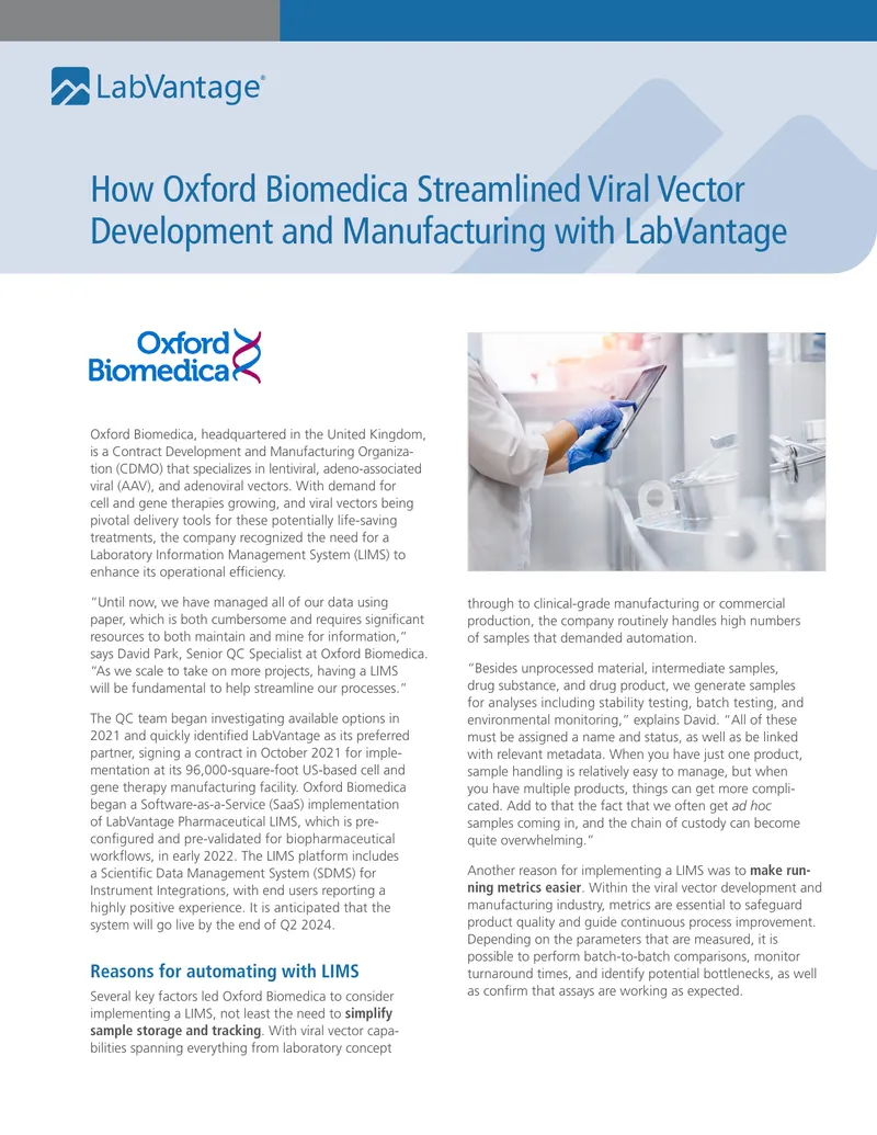 Implementation of LabVantage LIMS at Oxford Biomedica