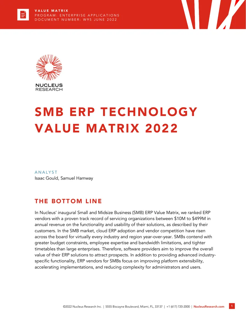 SMB ERP Technology Value Matrix 2022