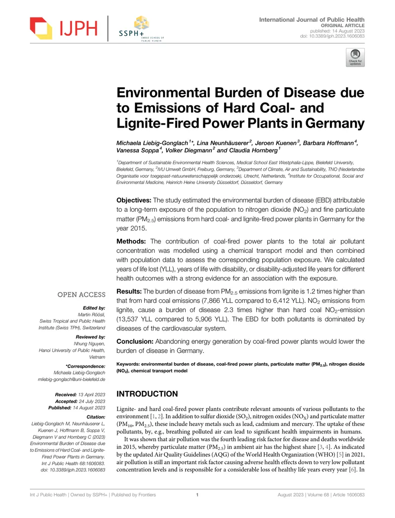Environmental Burden of Disease from Coal-Fired Power Plants in Germany