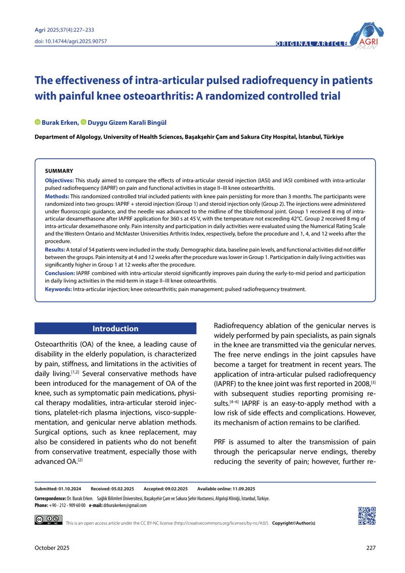 Effectiveness of Intra-Articular Pulsed Radiofrequency in Knee Osteoarthritis
