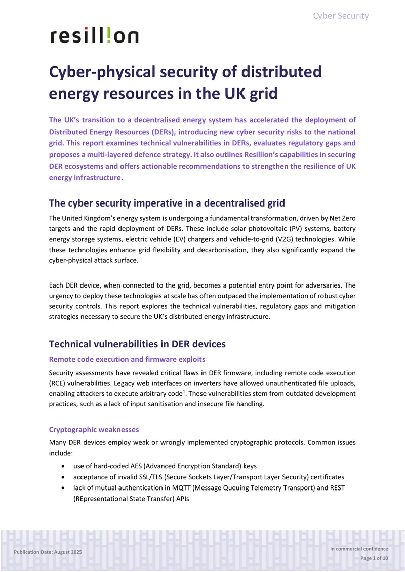 Cyber-Physical Security of Distributed Energy Resources in the UK Grid