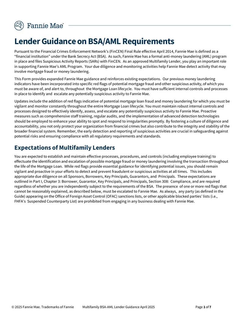 Multifamily BSA-AML Lender Guidance April 2025