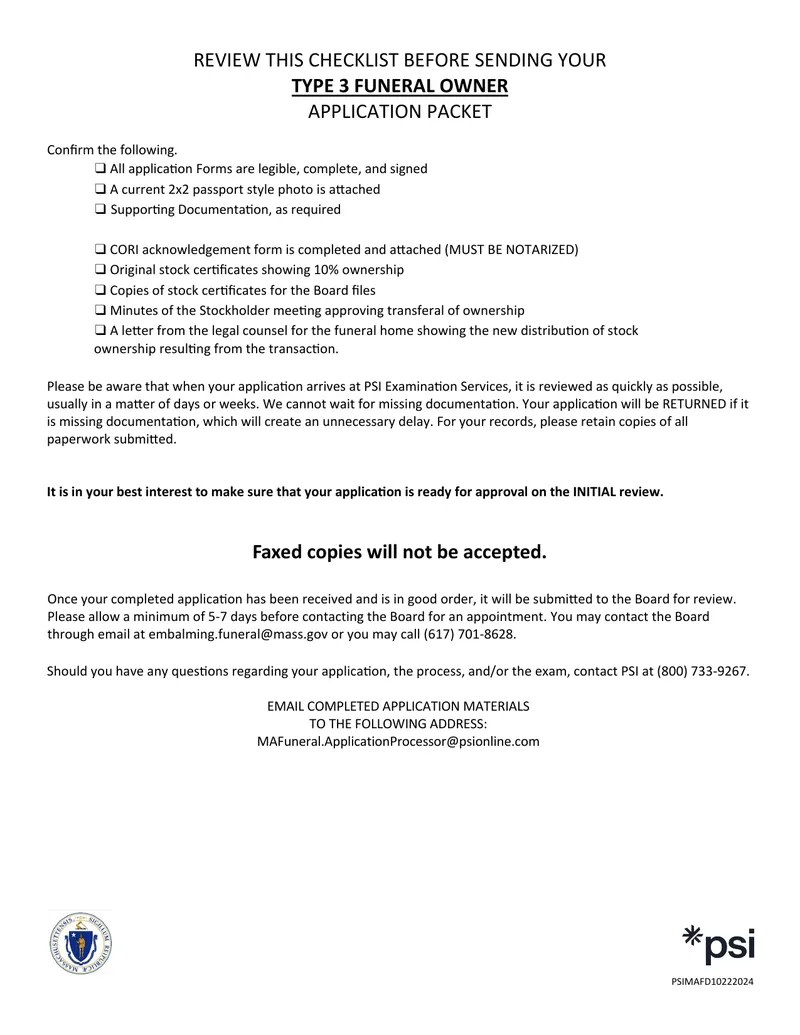 Type 3 Funeral Owner Application Checklist