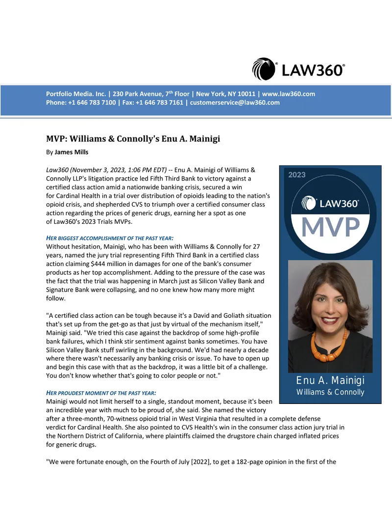 Enu A. Mainigi's Achievements in Litigation