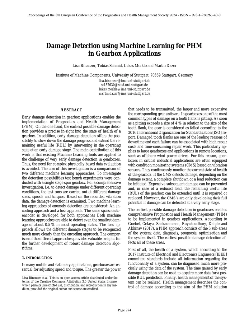 Damage Detection in Gearbox Applications Using Machine Learning