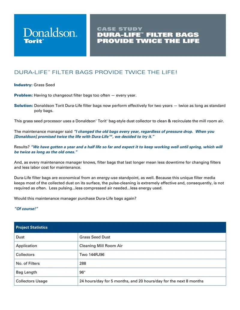 Dura-Life Filter Bags Performance Case Study