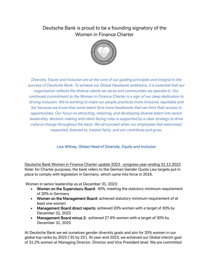 Deutsche Bank Women in Finance Charter Update 2023
