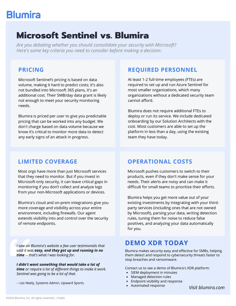 Comparison of Microsoft Sentinel and Blumira Pricing