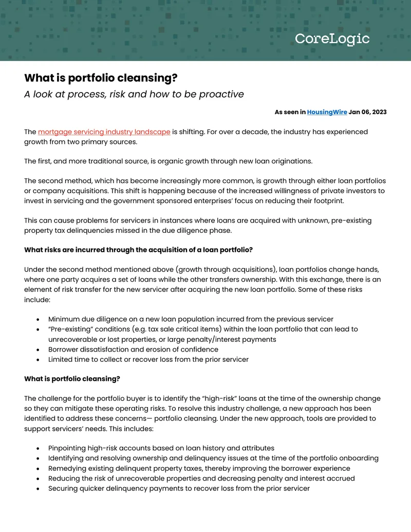 Portfolio Cleansing in Mortgage Servicing