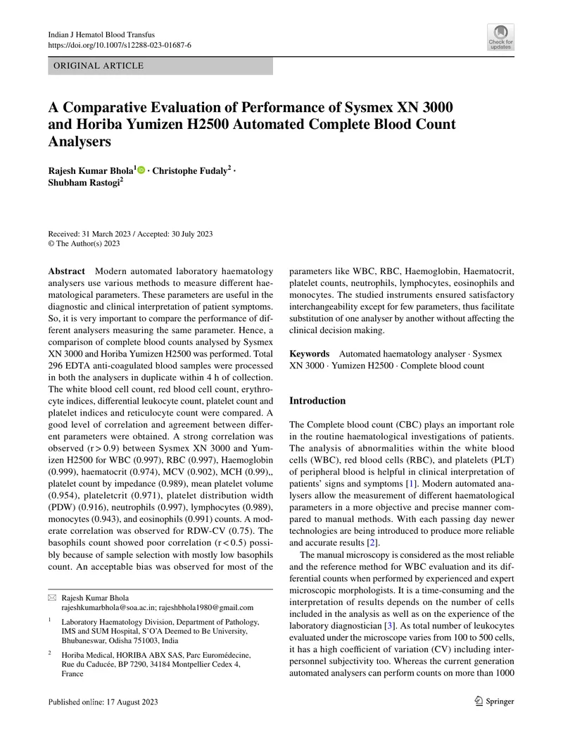 Comparative Evaluation of Sysmex XN 3000 and Horiba Yumizen H2500