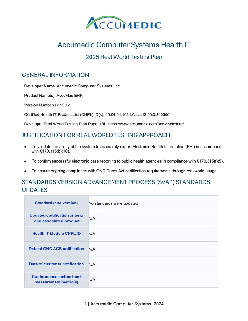 2025 Real World Testing Plan for AccuMed EHR