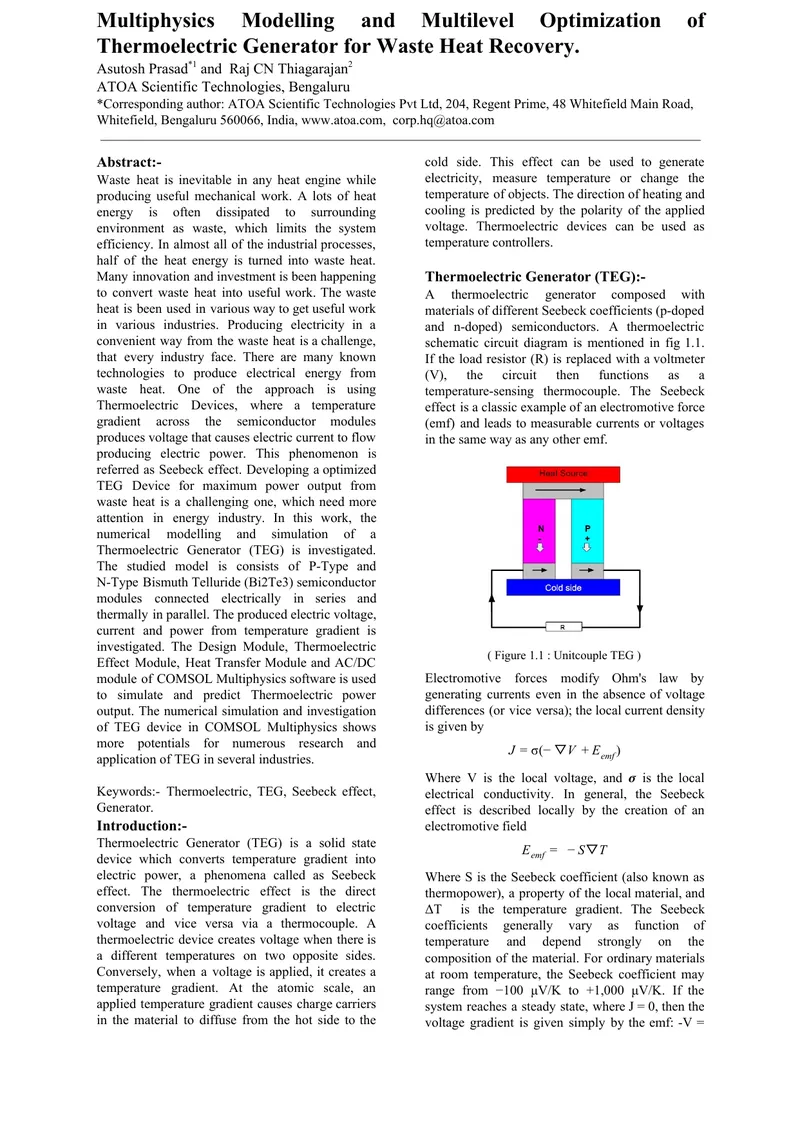 Multiphysics Modelling of Thermoelectric Generator