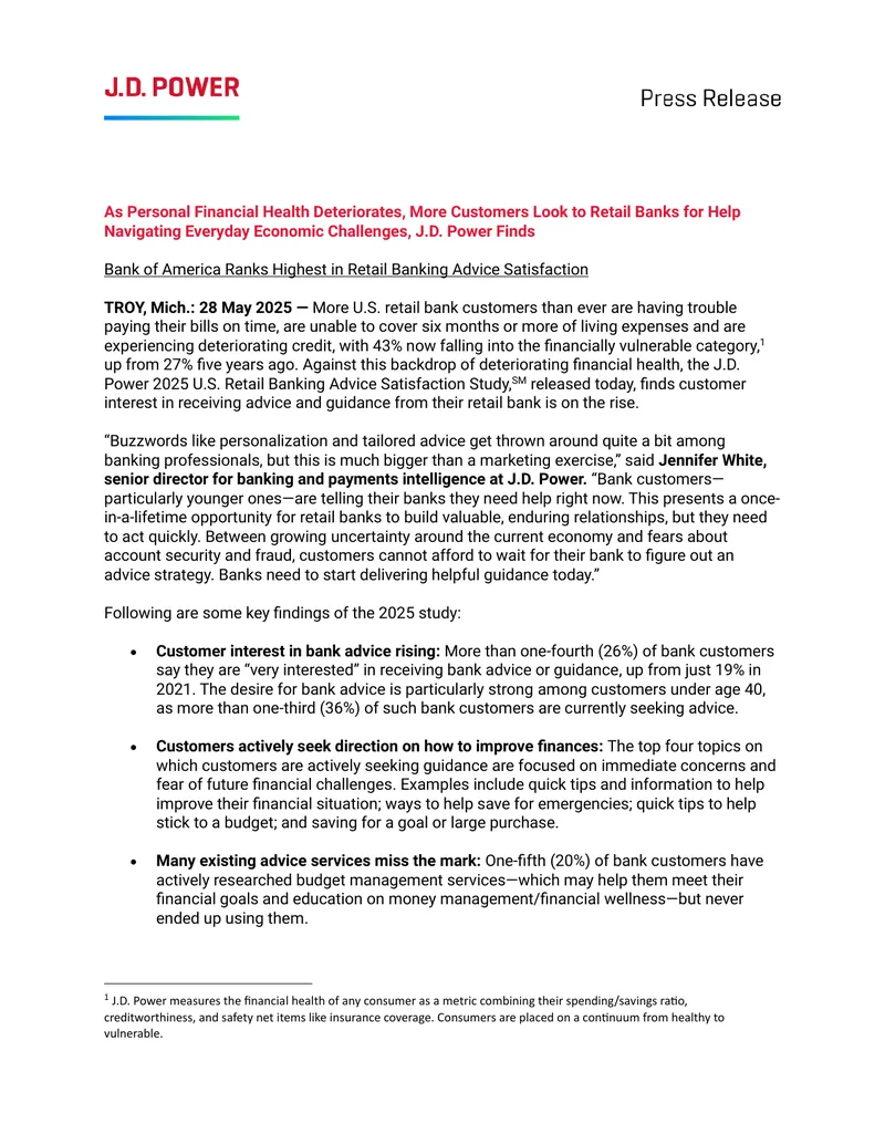 2025 U.S. Retail Banking Advice Satisfaction Study
