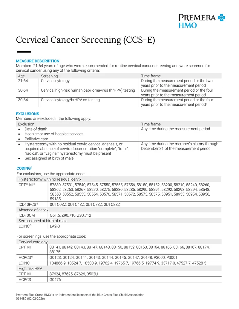 Cervical Cancer Screening Guidelines for HMO Members