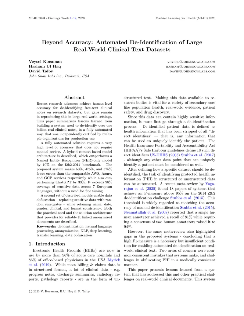 Automated De-Identification of Clinical Text Datasets