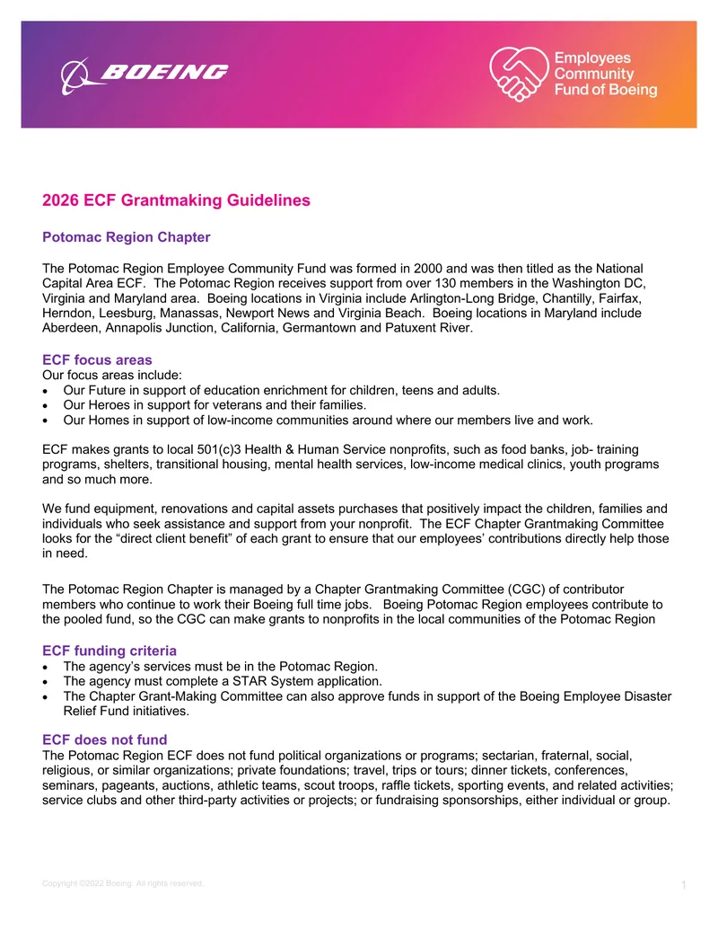 2026 ECF Grantmaking Guidelines for Potomac Region