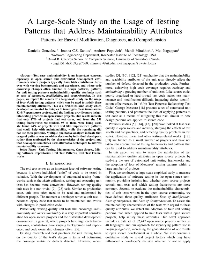 Large-Scale Study on Testing Patterns for Maintainability
