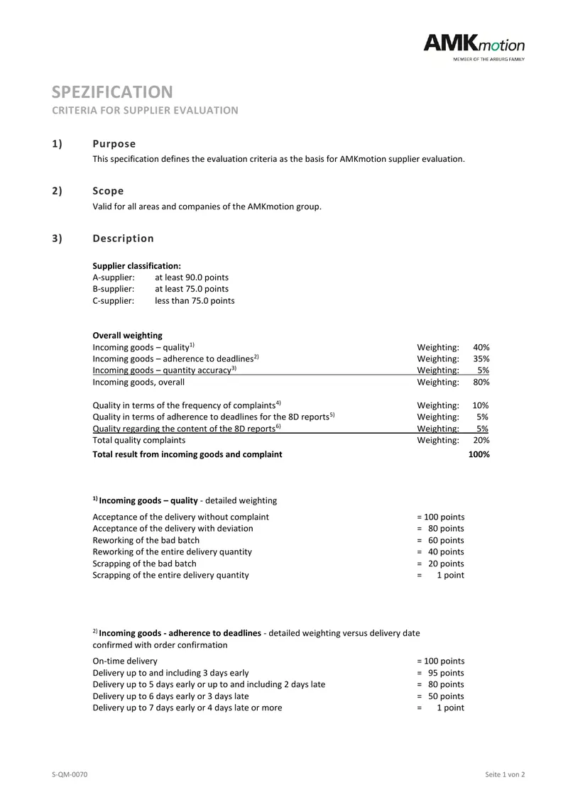 Criteria for Supplier Evaluation Specification