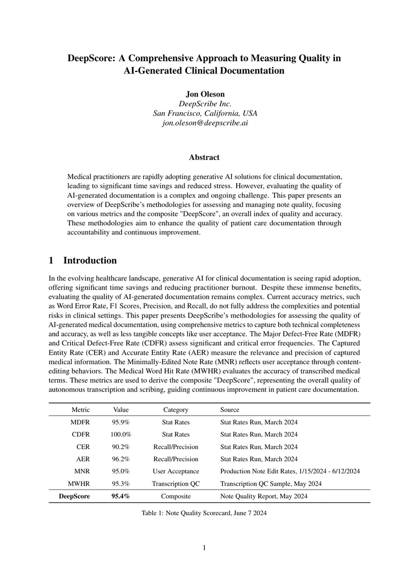 DeepScore Methodologies for AI-Generated Clinical Documentation