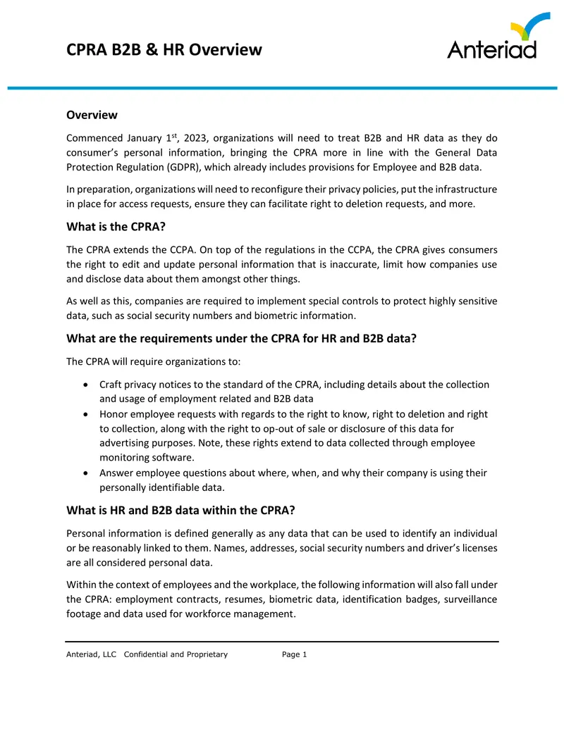 CPRA Requirements for B2B and HR Data Compliance